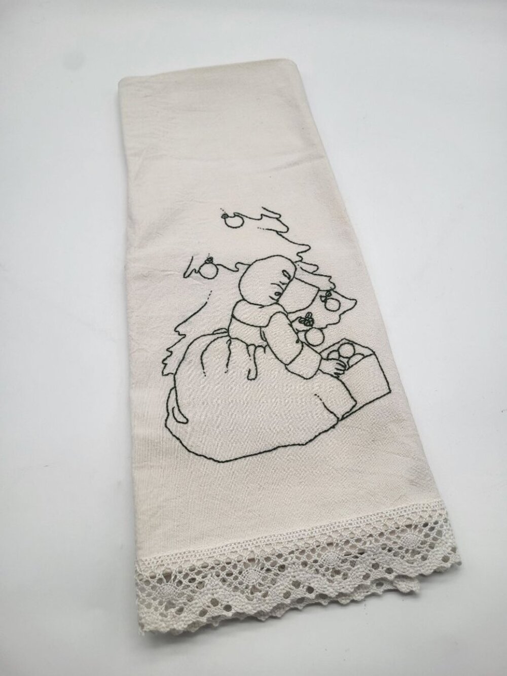 Vintage Tea Towel Embroidered Bonnet Girl Decorating Christmas Tree Cottagecore